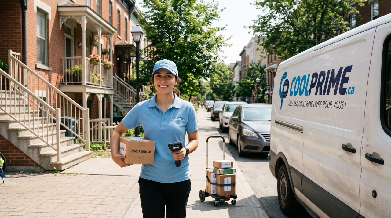 CoolPrime courier delivering a package in Montreal - fast and reliable same-day delivery service